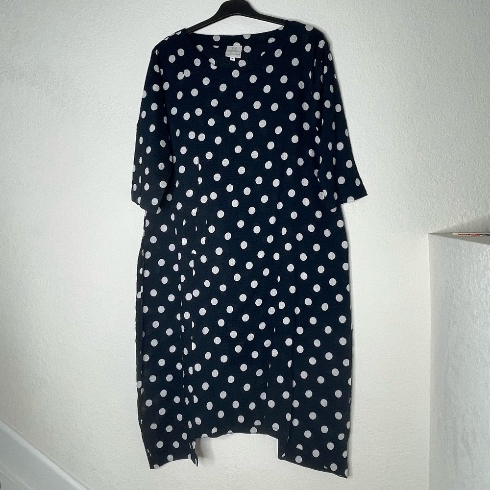 Spirithouse 3/4 Sleeve Polka Dot Lagenlook Semi Sheer Dress Sz Small Navy White